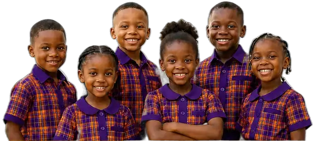 Smiling Abi K Royal Academy pupils in their purple and orange plaid uniforms